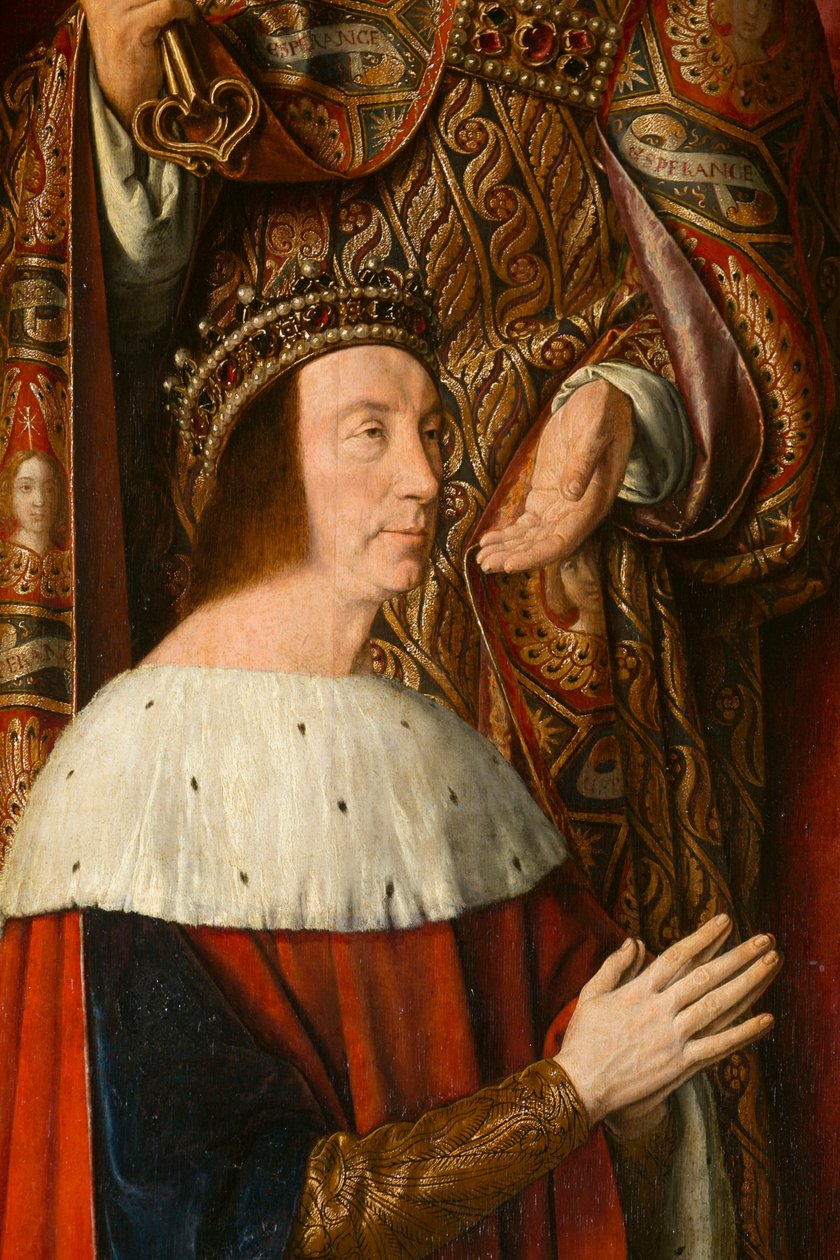 Vévoda Petr II Bourbonský, detail. Triptych mistra z Moulins od Jean Hey