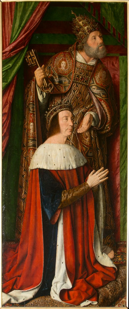 Petr II Bourbonský se svatým Petrem, detail. Triptych mistra z Moulins od Jean Hey