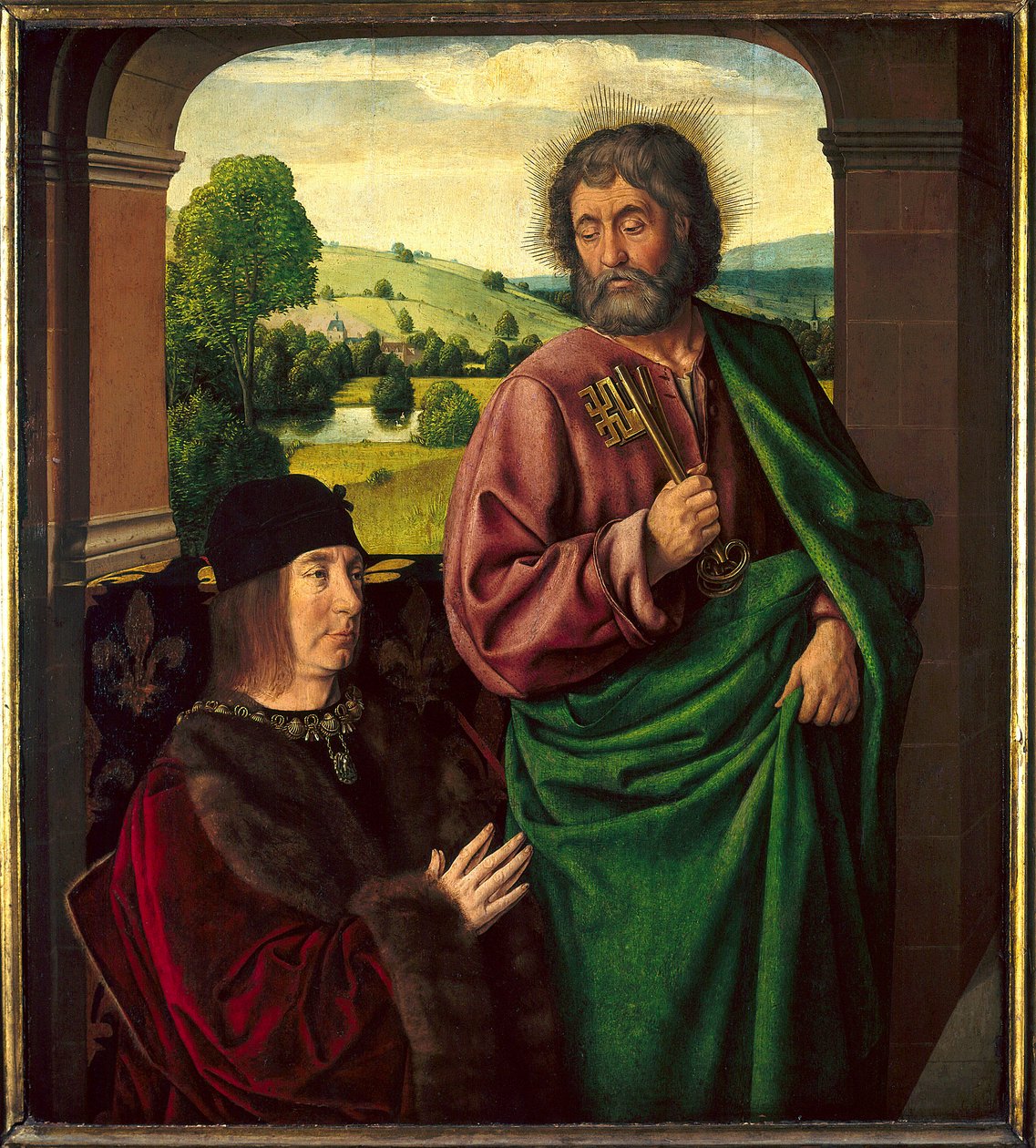 Portrét Pierra II. de Beaujeu, vévody z Bourbonu (1439-1505) v podání Saint Pierre Painting od Maitre de Moulins nebo Jean Hey (1450-1505). Slunce 0,73 X 0,65m od Jean Hey