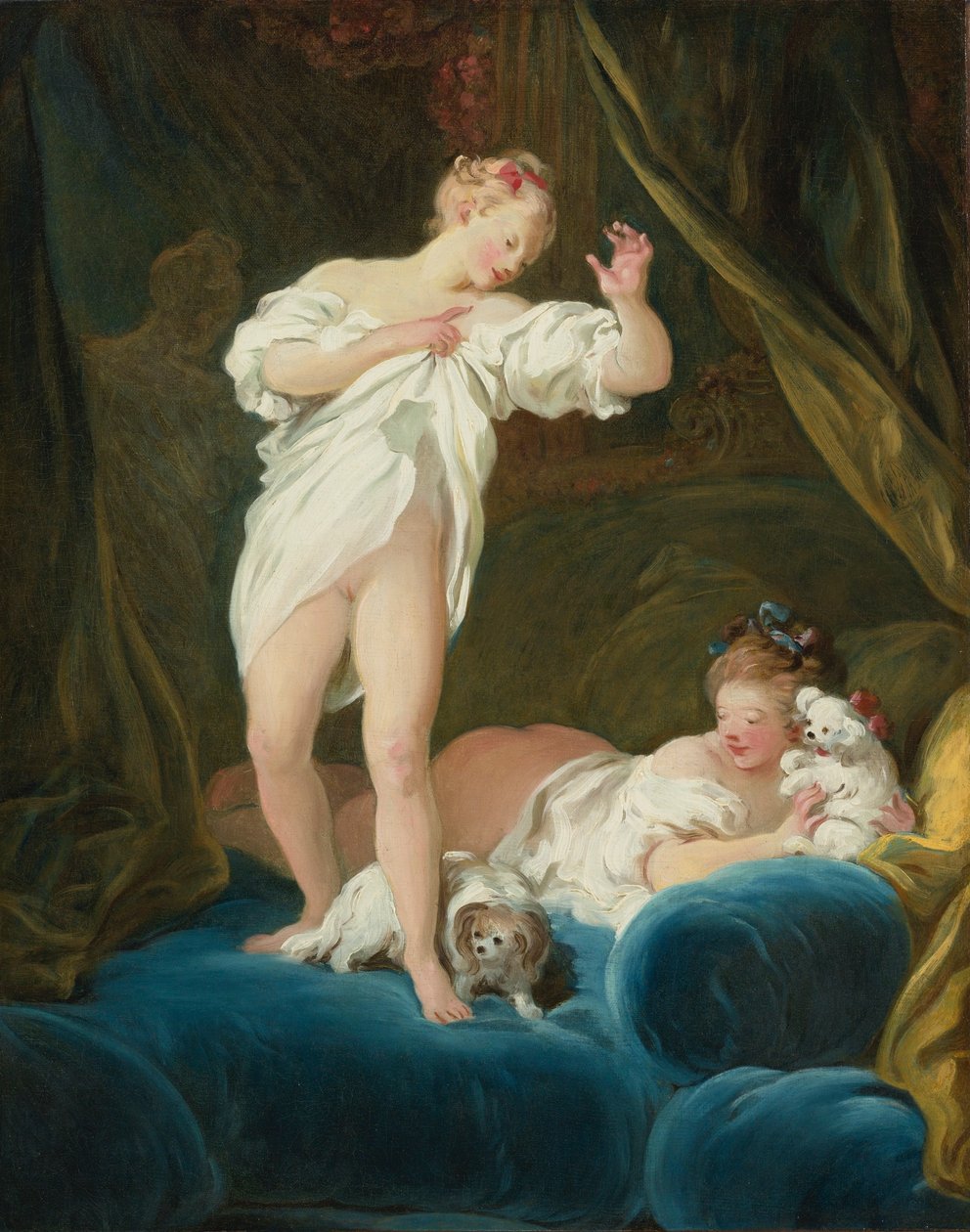 Dvě dívky na posteli hrající si se svými psy od Jean Honore Fragonard