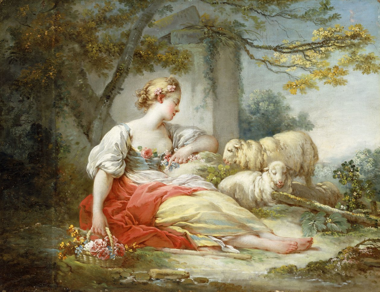 Pastýřka sedící s ovcemi a košíkem květin poblíž zříceniny v zalesněné krajině, od Jean Honore Fragonard
