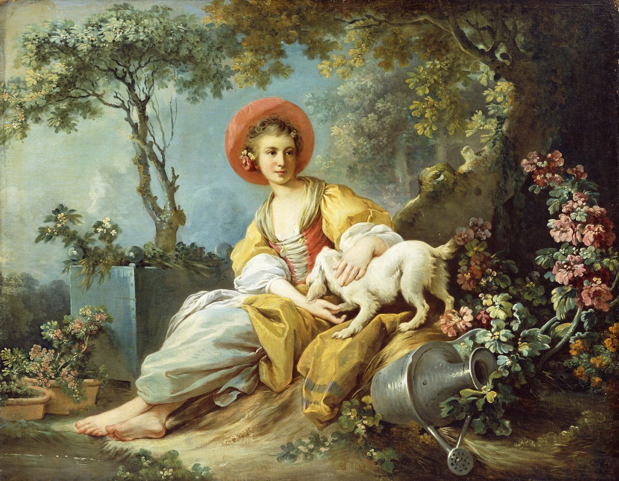 Mladá žena sedící se psem a konví v zahradě, od Jean Honore Fragonard