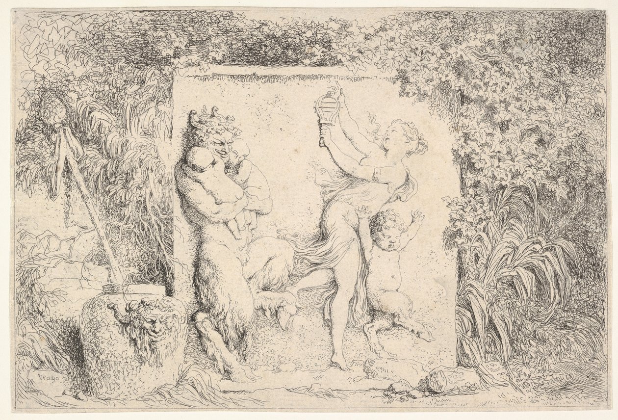 Basreliéf zobrazující satyra vlevo držícího dvě nemluvňata, další dětský satyr vpravo..., 1763. od Jean Honore Fragonard