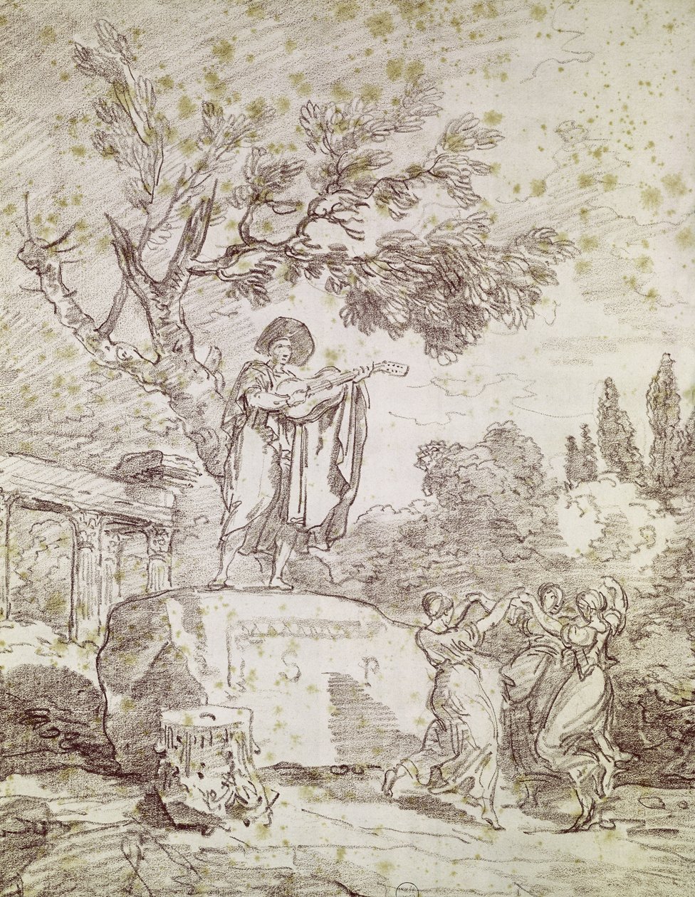 Italský kytarista hrající pro tři tančící dívky (červená křída na papíře) od Jean Honore Fragonard