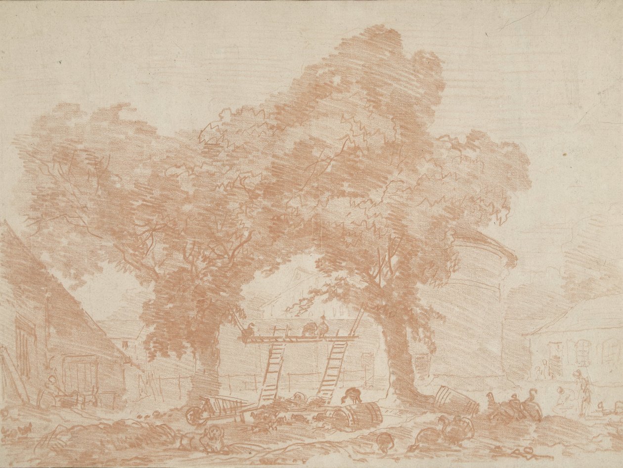 Dvůr se dvěma stromy, mezi nimi žebříky od Jean Honore Fragonard