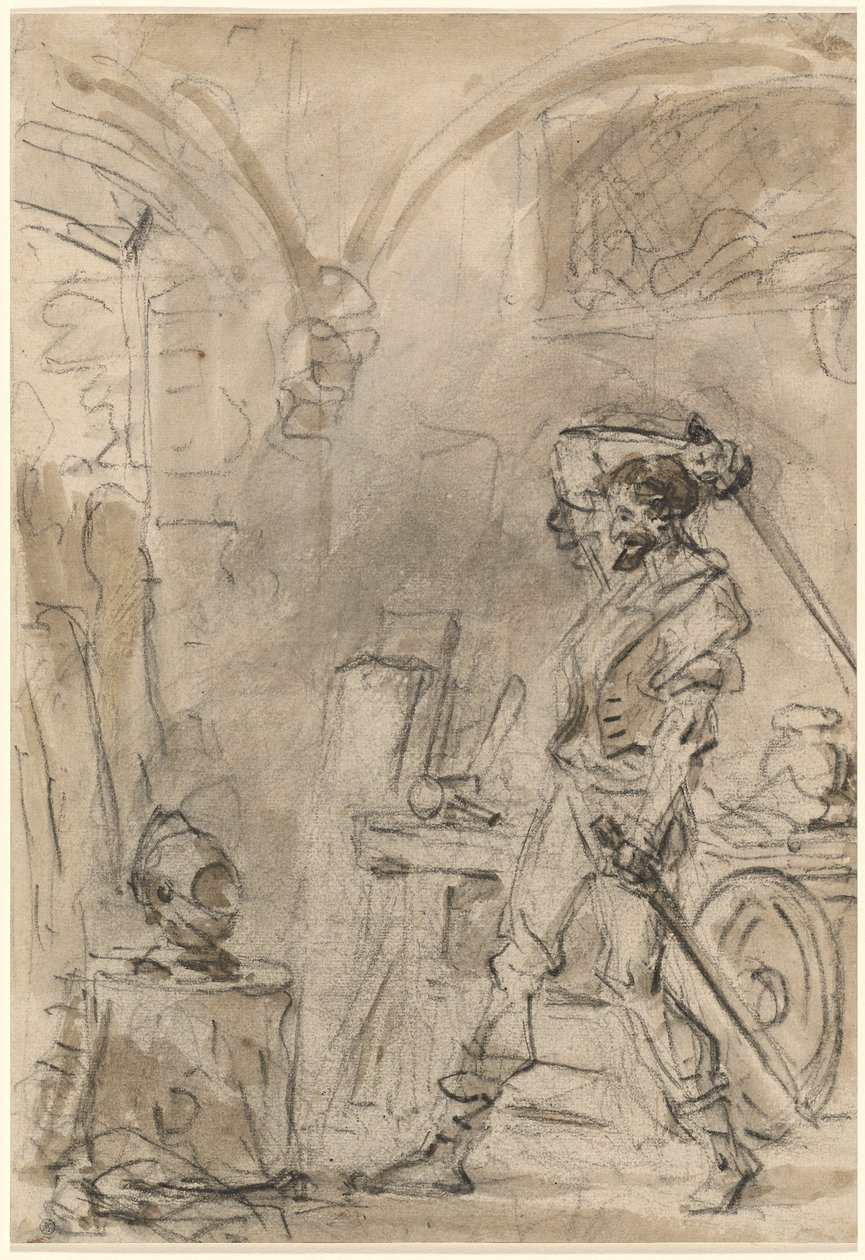 Don Quijote se chystá udeřit do helmy od Jean Honore Fragonard