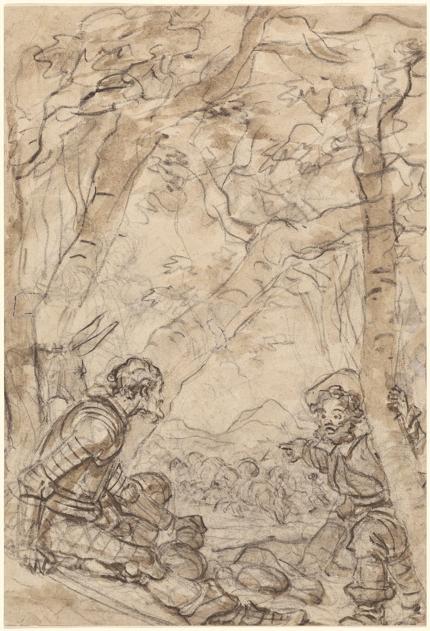 Don Quijote a Sancho Panza jsou svědky útoku na Rocinante od Jean Honore Fragonard