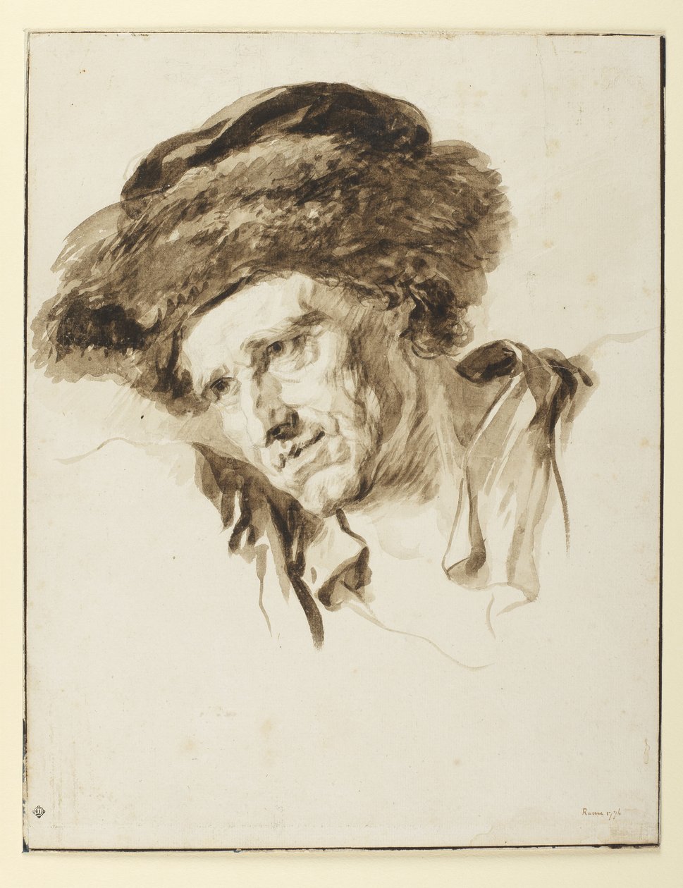Hlava muže v kožešinové čepici, 1774 (pero a tuš, wash a grafit na papíře) od Jean Honore Fragonard