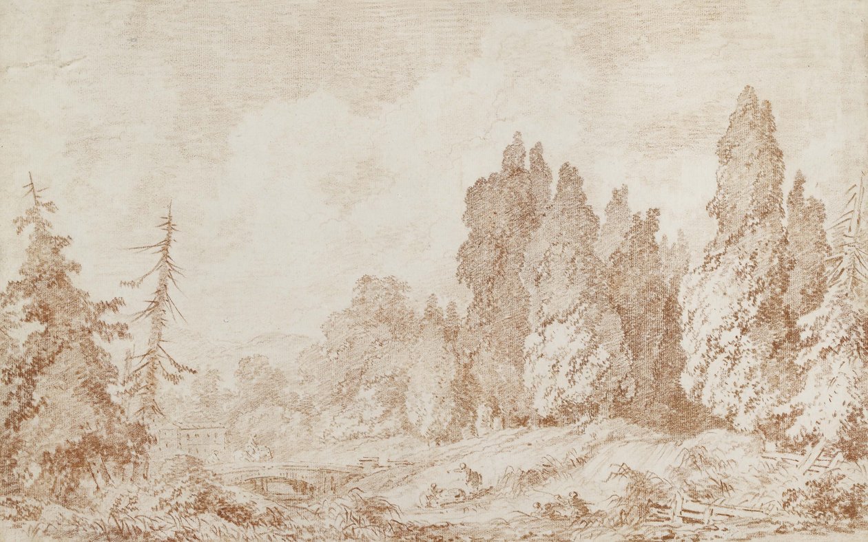 Krajina s mostem, asi 1760 (červená křída na bělavém papíře) od Jean Honore Fragonard