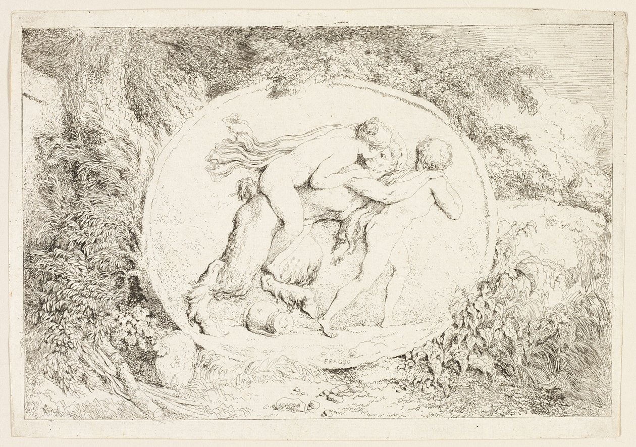 Nymfa jedoucí na zádech satyra, z knihy Bakchanálie aneb Hry satyrů od Jean Honore Fragonard