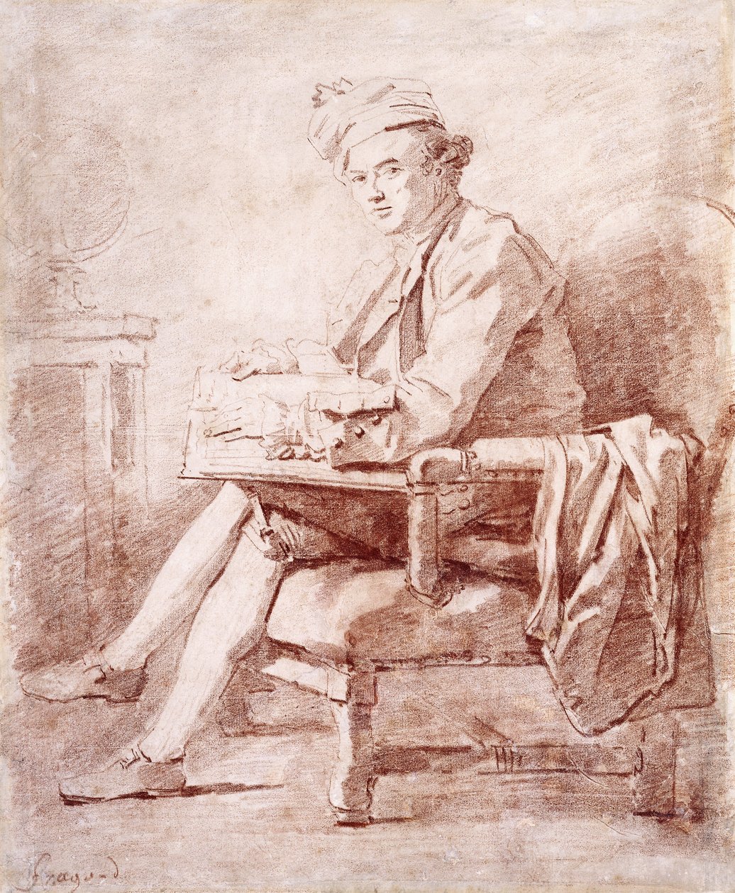 Portrét Josepha-Jeroma Le Francais de Lalande, celovečerní, sedící, z profilu vlevo, držící knihu, na stole vlevo leží zeměkoule, od Jean Honore Fragonard