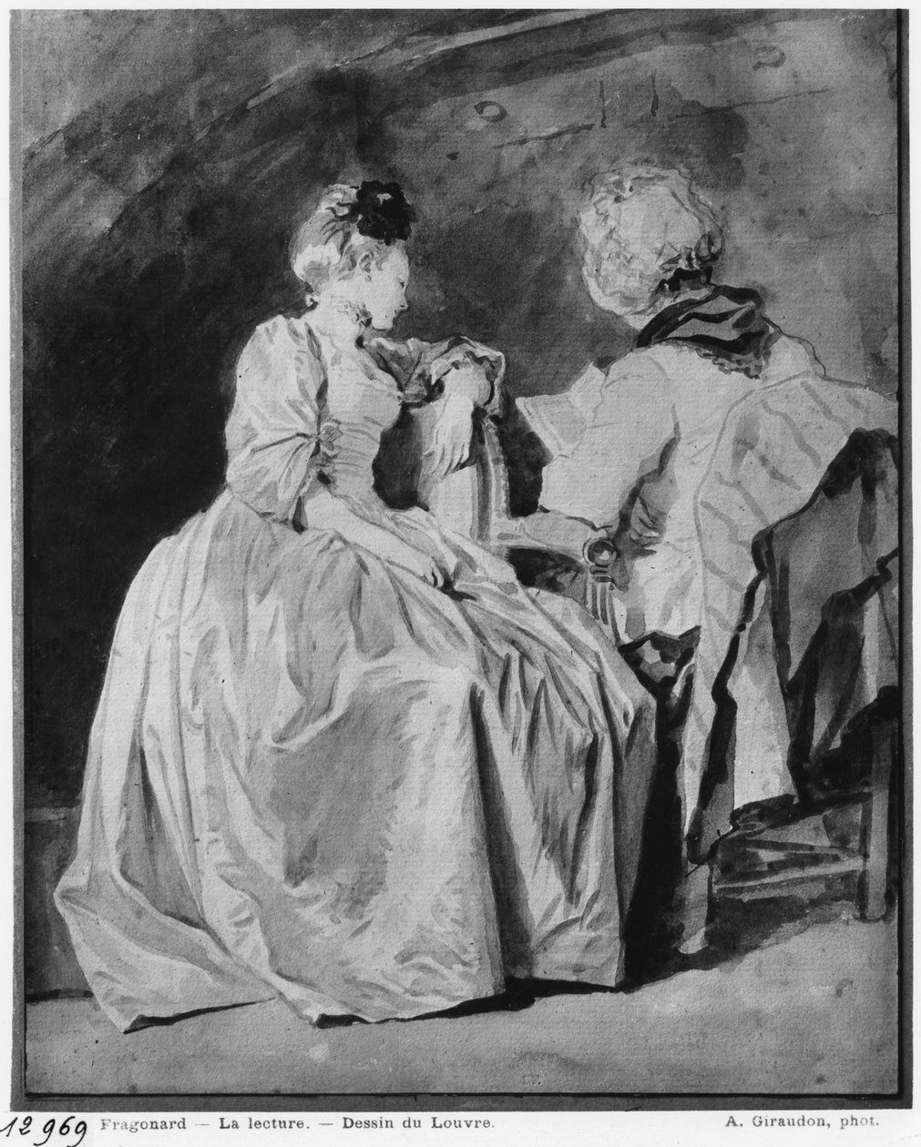 Čtení (černá tužka a bistre a mytí na papíře) od Jean Honore Fragonard
