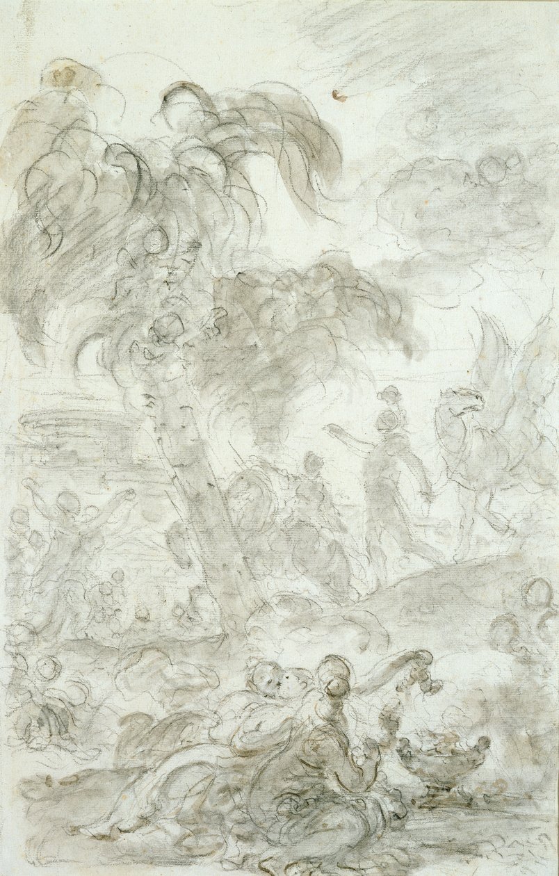 Ruggiero dorazí na práh Alcinina paláce (pero a inkoust, křída a mytí na papíře) od Jean Honore Fragonard
