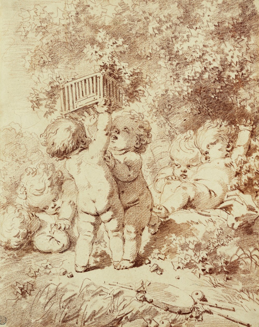 Šest putti ve hře, dva drží klec, od Jean Honore Fragonard