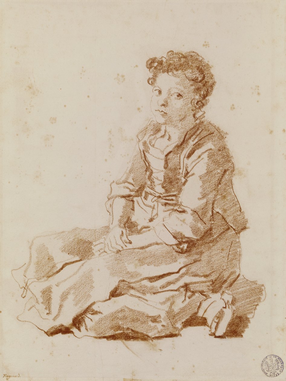 Malá dívka sedící na zemi (červená křída na papíře) od Jean Honore Fragonard