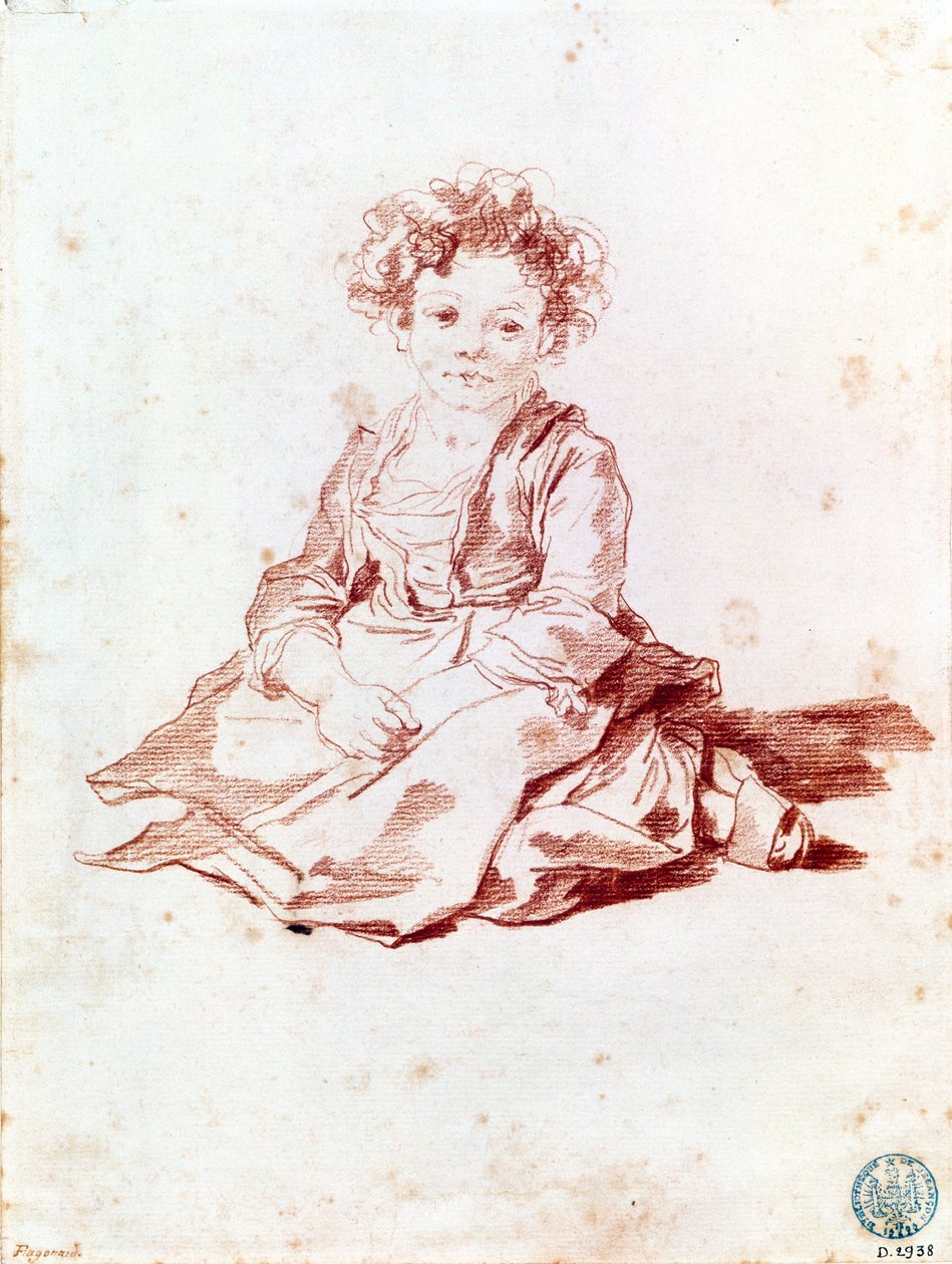 Malá dívka sedící na zemi (červená křída na papíře) od Jean Honore Fragonard
