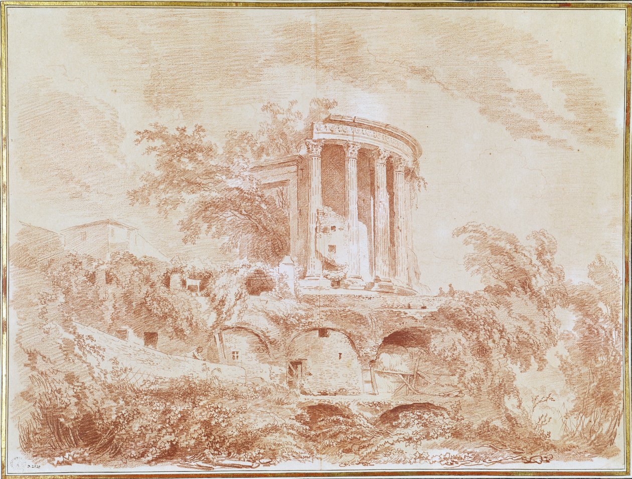 Chrám Sybil v Tivoli (červená křída na papíře) od Jean Honore Fragonard