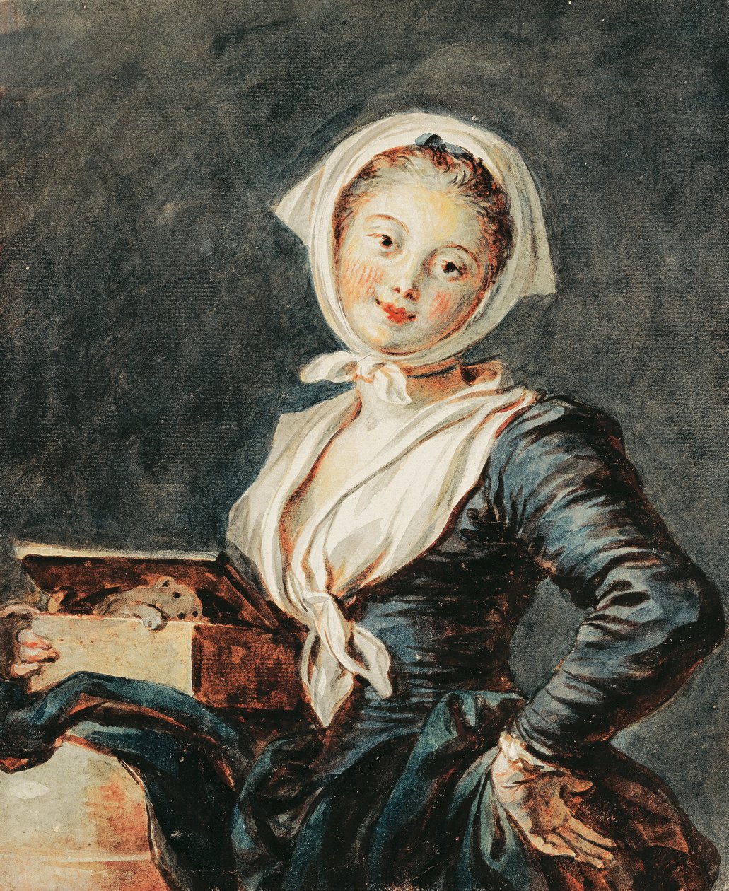 Dívka se svištěm, kolem 1785-8 (akvarel a sangvinik přes černou křídu na papíře) od Jean Honore Fragonard