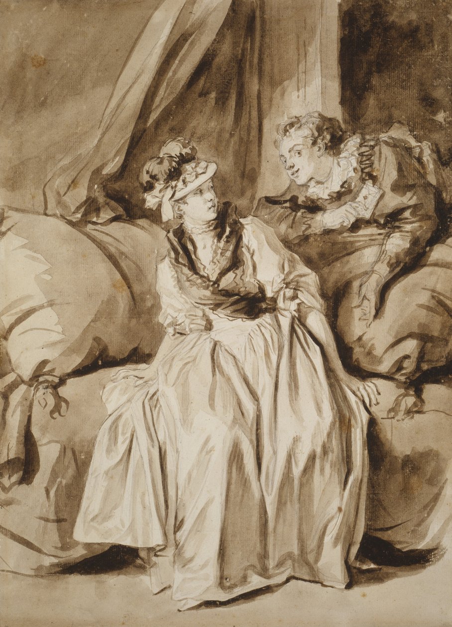 Dopis nebo Španělská konverzace, c. 1778 (štětec a hnědý inkoust s hnědým mytím a grafitem na slonovinovém papíru) od Jean Honore Fragonard