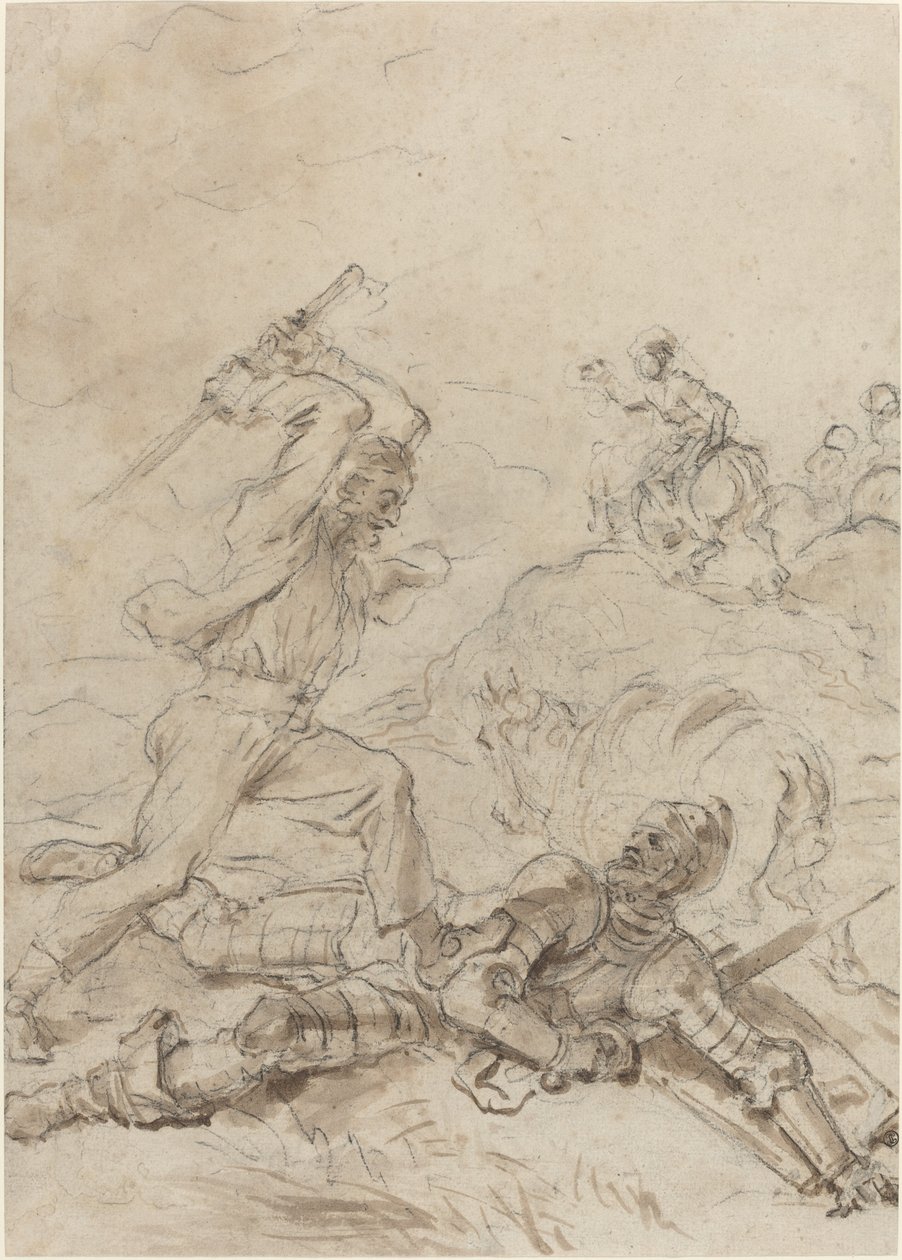 Muleteer útočí na Dona Quijota, když bezmocně leží na zemi od Jean Honore Fragonard
