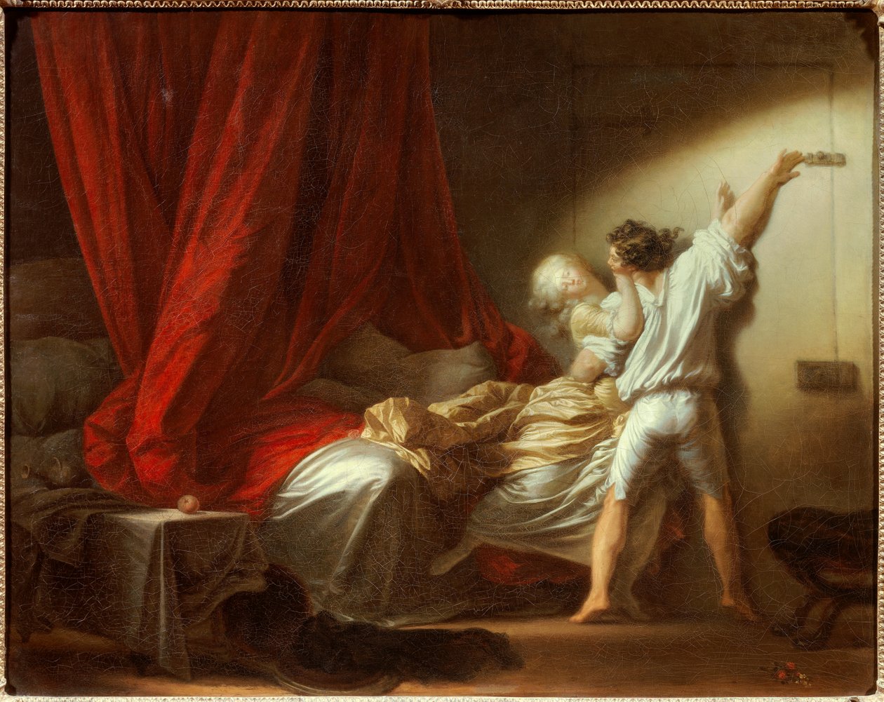 Zámek Romantic Scene zobrazující mladého muže, který brání své milence opustit ložnici v posteli. Obraz Jean-Honore Fragonard (1732-1806) 18. stol. Ztlumit. 0,73x0,93 m. od Jean Honore Fragonard