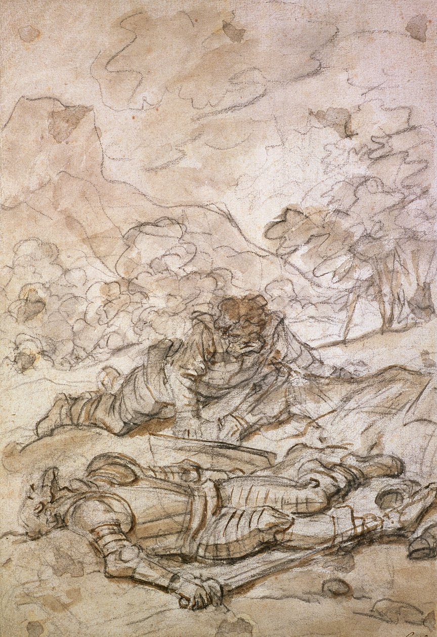 Smutná situace Dona Quijota a Sancha Panzy, týraných galejními otroky, 18. století od Jean Honore Fragonard