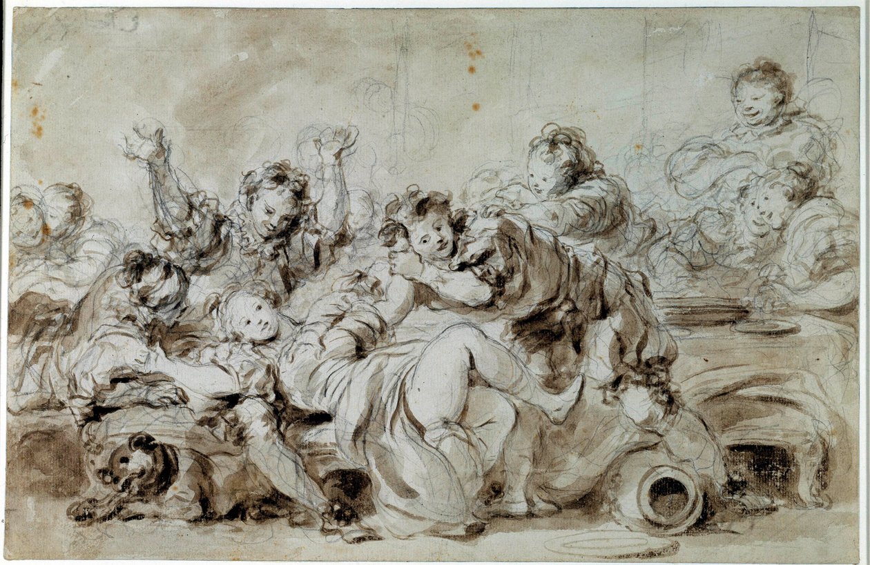 Agresor potrestán Poté, co „“gascon potrestal“, příběh Jean de la Fontaine. Kresba Jean Honore Fragonard (1732-1806) 18. století Soukromá sbírka od Jean Honore Fragonard