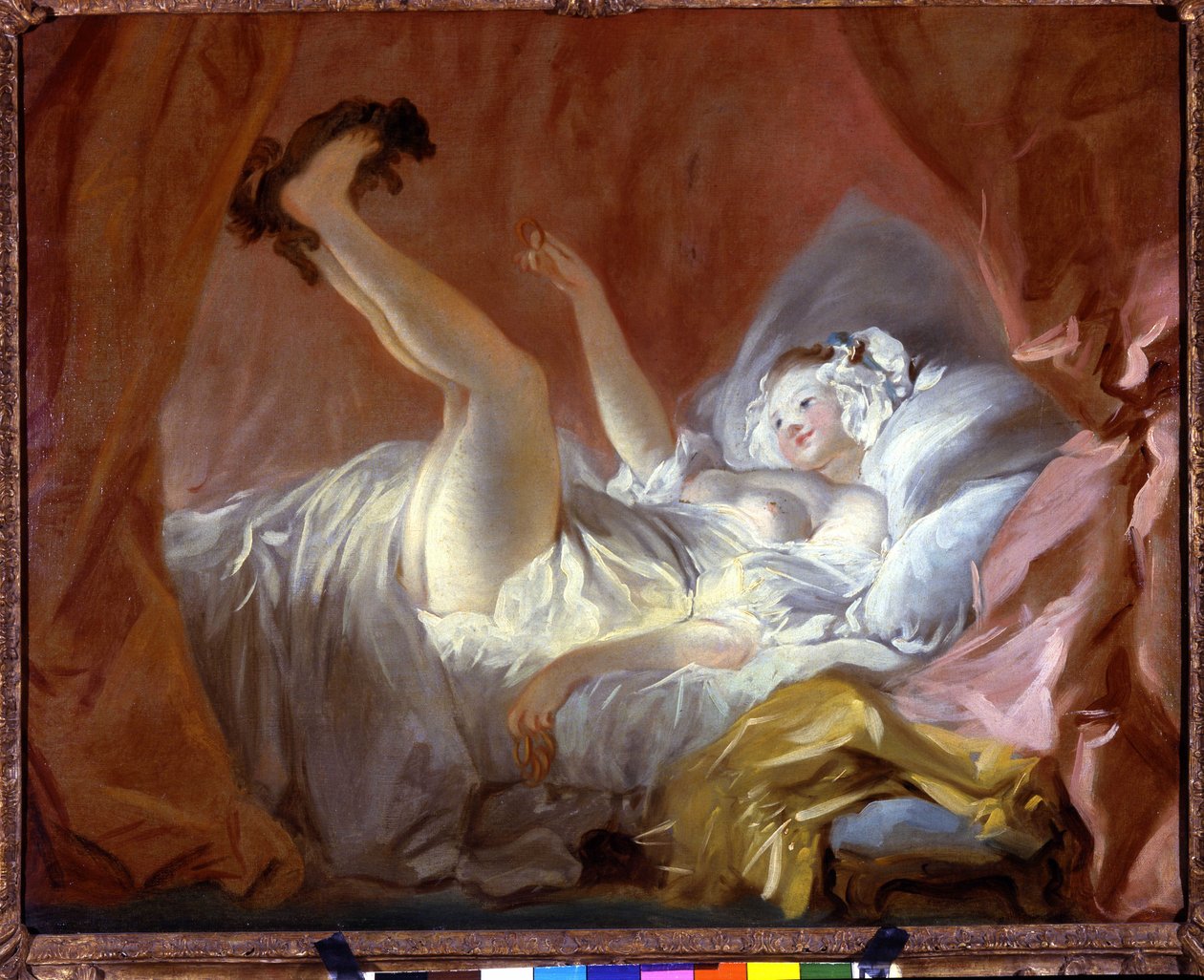 Gimblete. Gimblete je pečivo ve tvaru kroužků. Dívka si hraje ležící na posteli se psem tím, že jí podává tuto sušenku. Obraz Jean Honore Fragonard (1732-1806), Paris Fond Cailleux od Jean Honore Fragonard