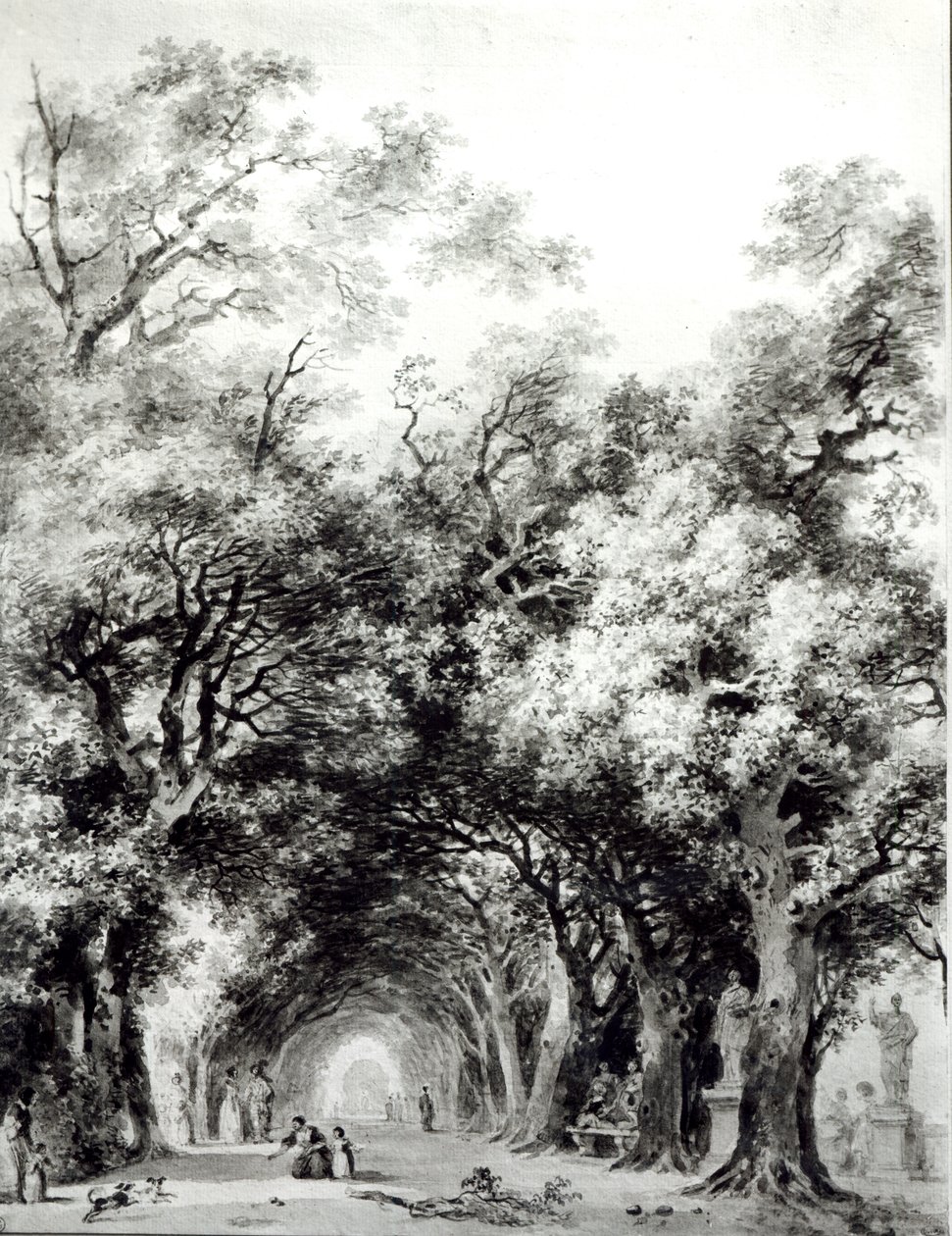The Shady Alley, c.1773-74 (sépie mytí na papíře) od Jean Honore Fragonard