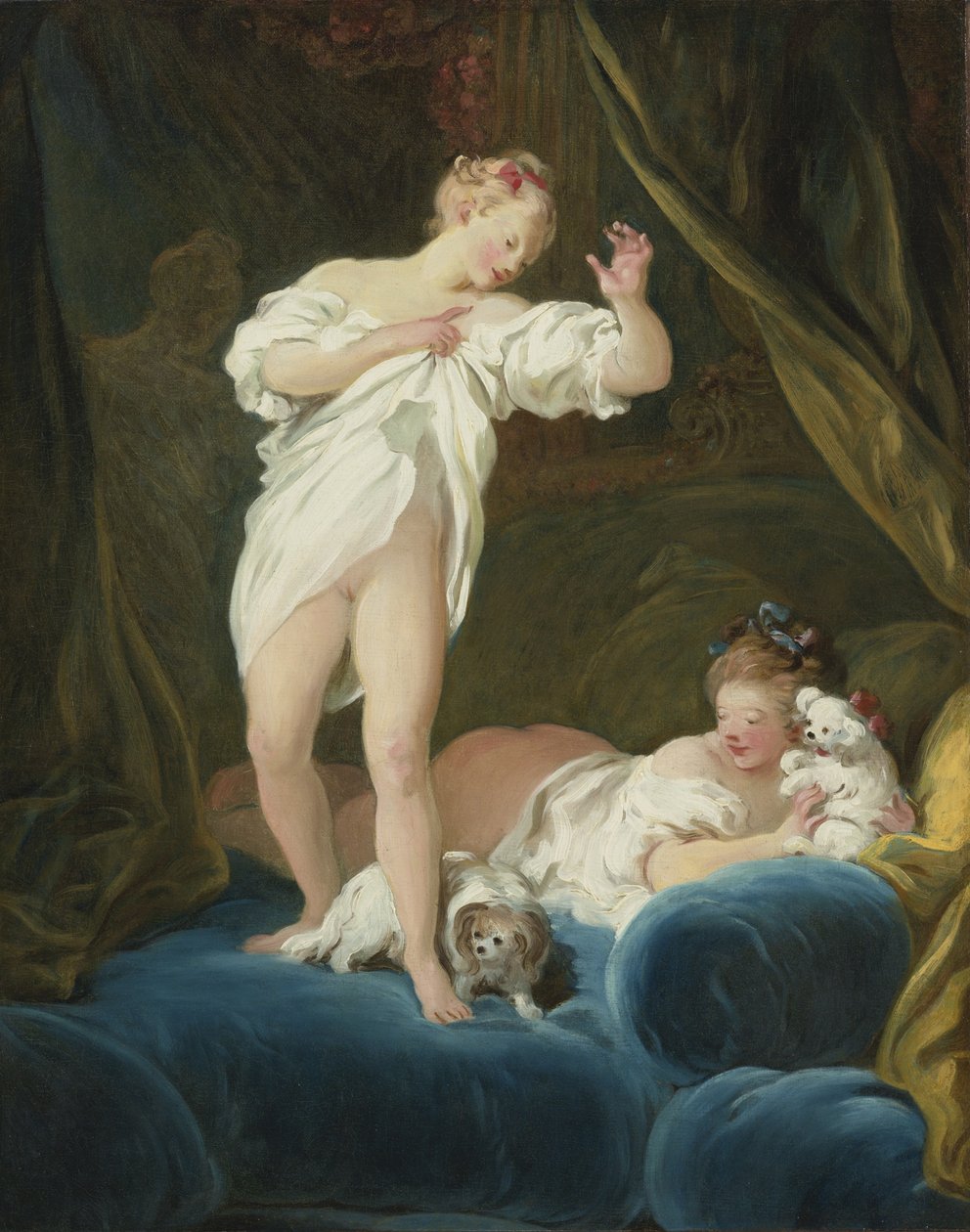 Dvě dívky na posteli si hrají se svými psy od Jean Honore Fragonard