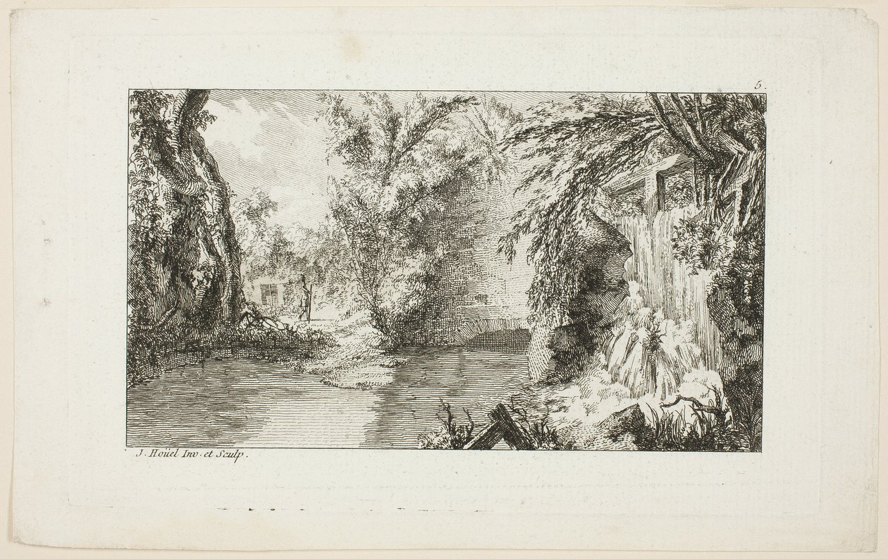 Krajina s chodcem a kaskádou, deska 5 z druhé sady Livre de paysages (Kniha krajin) od Jean Hoüel