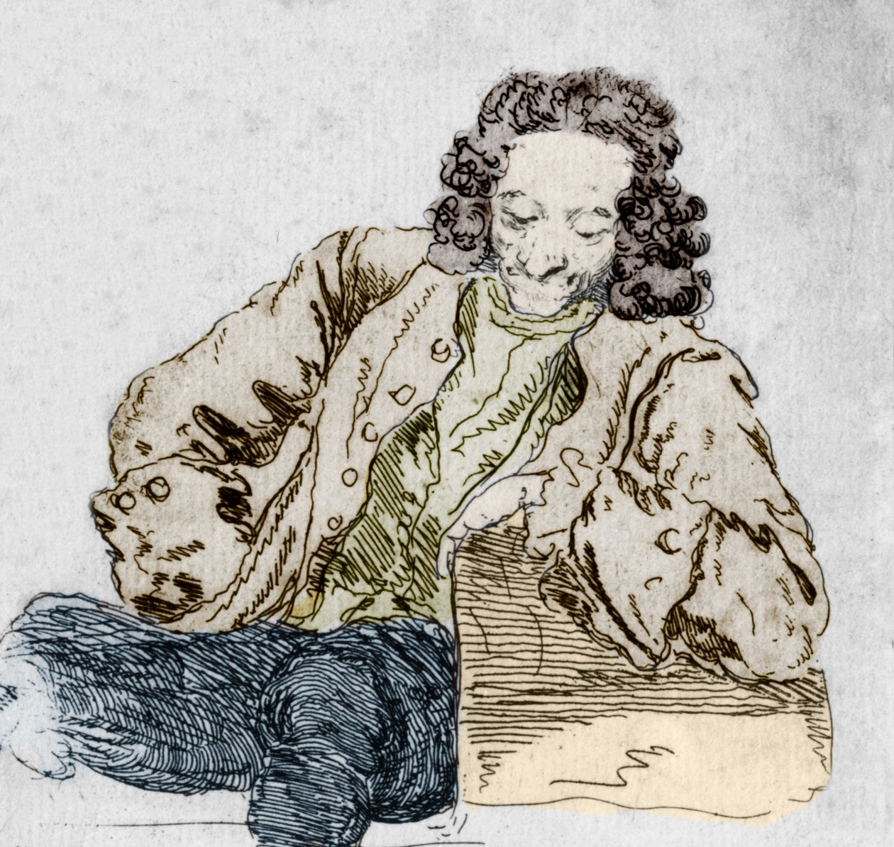 Portrét Francoise Marie Aroueta, tento Voltairův (1694-1778) detail podle „různých Voltairových fyziognomií“, od Hubera. od Jean Huber