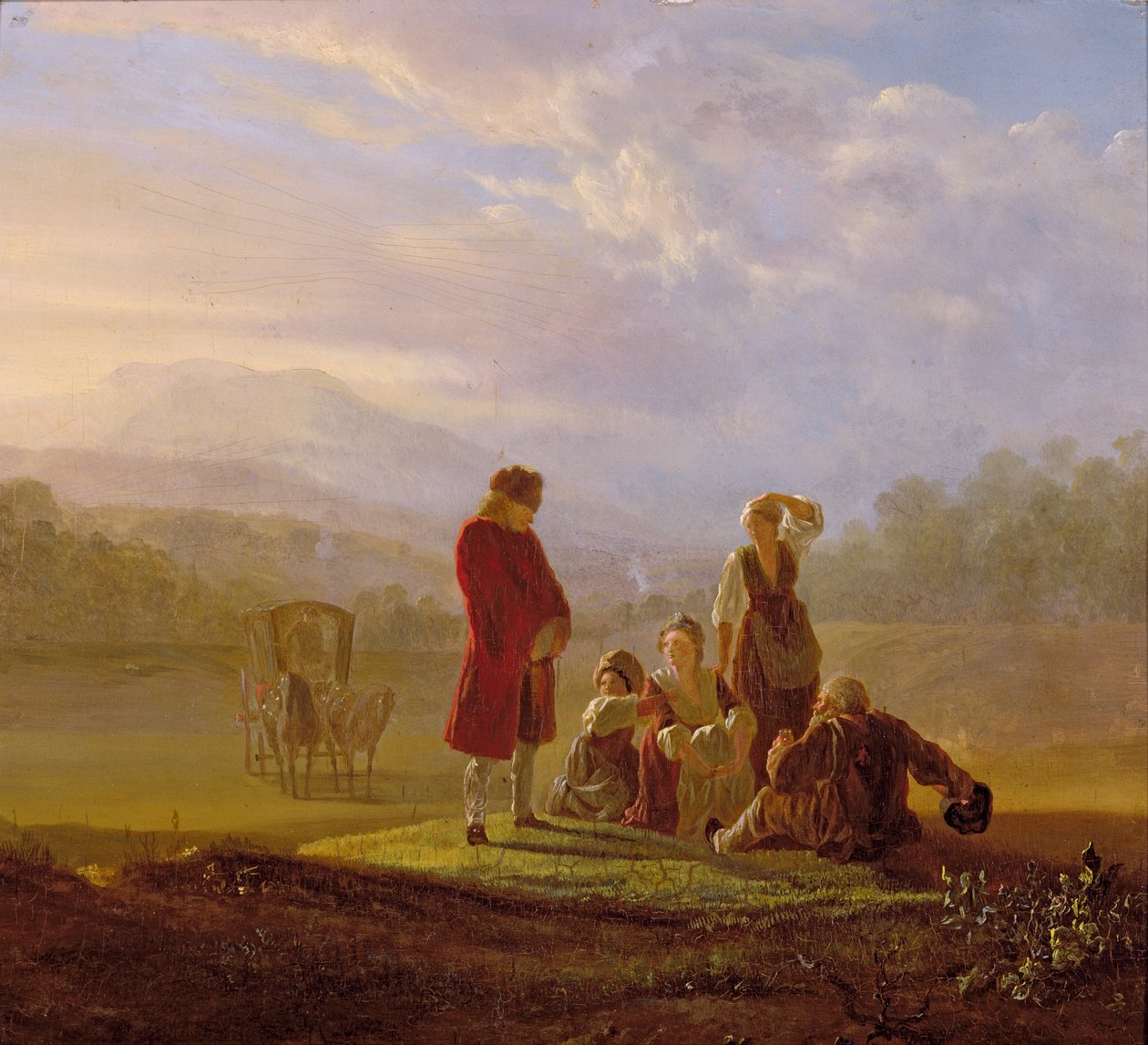 Voltaire hovoří s rolníky ve Ferney od Jean Huber