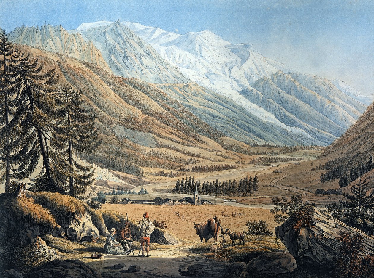 pohled na údolí Chamonix z vesnice Argentiere od Jeana Daniela Hubera během cesty kolem roku 1785 (rytina) od Jean Huber
