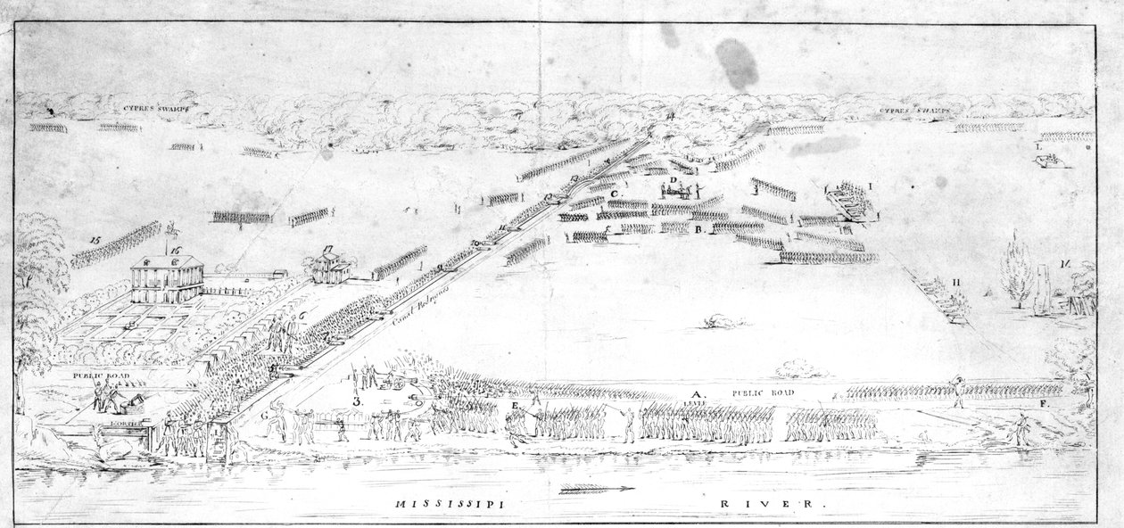 Pohled na bitvu u plantáže Chalmettes, 8. ledna 1815. od Jean Hyacinthe Laclotte