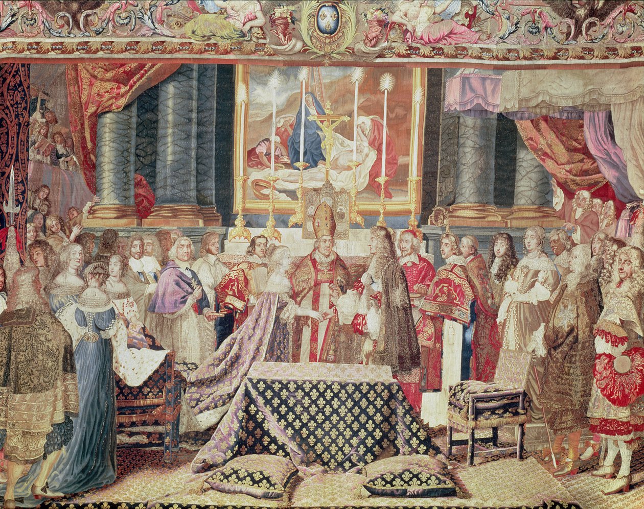 Královská svatba (Ludvík XIV.), z „Dějiny krále“ z karikatury od Lebruna, Gobelínová tapisérie, tkaná na vysoce osnovním stavu (vlna, hedvábí a zlato) od Jean II Jans