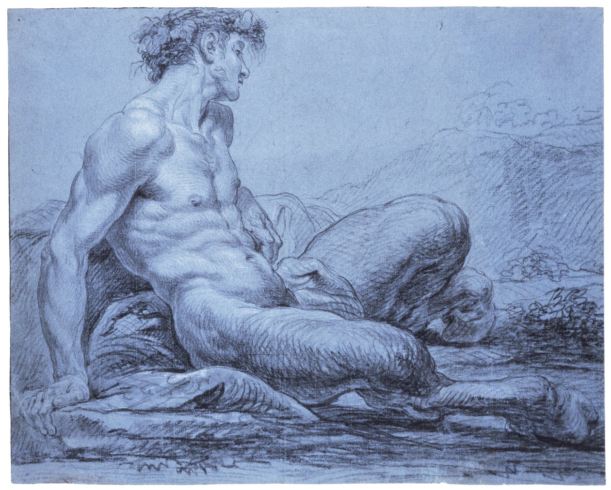 Sedící faun, kolem 1755-57 (černobílá křída na modrém položeném papíře) od Jean II Restout