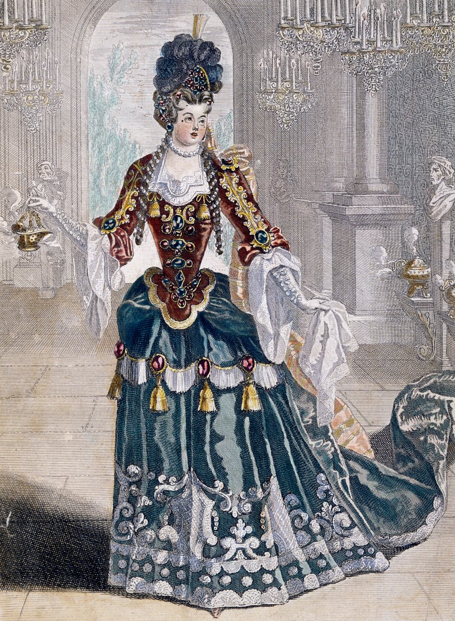 Portrét Mademoiselle Desmatins (1682-1708), hudebník v opeře, rytina Jean Berain od Jean I  Berain