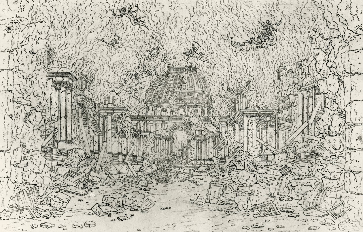 Zničení budovy, skica Jean Berain (1640-1711), pro Armide, Jean-Baptiste Lully (1632-1687), Francie od Jean I  Berain