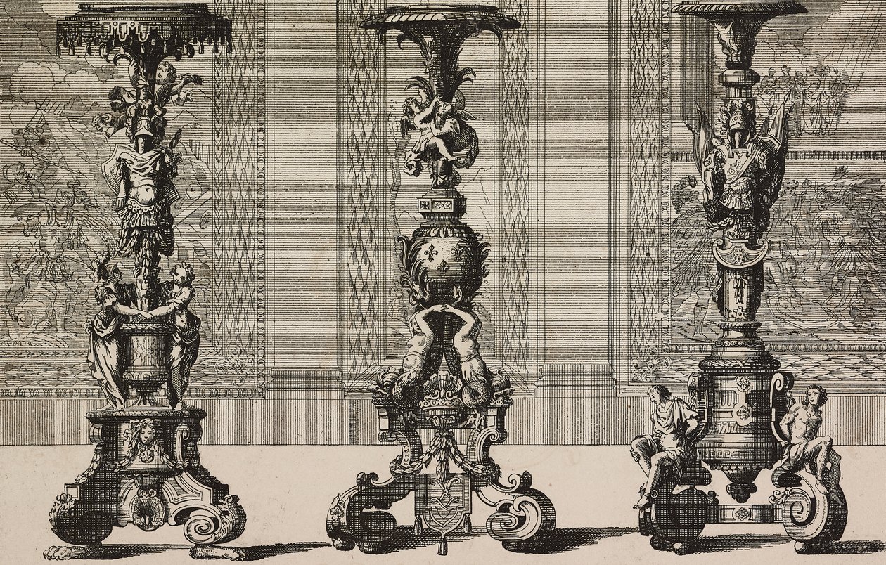 Velké bronzové svícny, rytina Jean Berain (1640-1711) z L