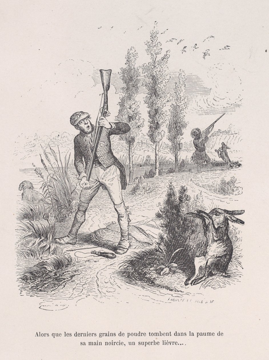 Když mu do dlaně zčernalé dlaně padají poslední zrnka prášku, nádherný zajíc... fr..., 1843. od Jean Ignace Isidore Gérard
