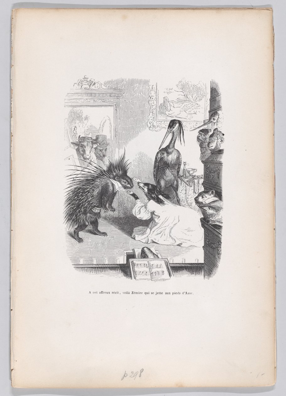 V tomto děsivém příběhu se Zemire vrhá k Azorovým nohám ze Scény z ..., ca. 1837-47. od Jean Ignace Isidore Gérard