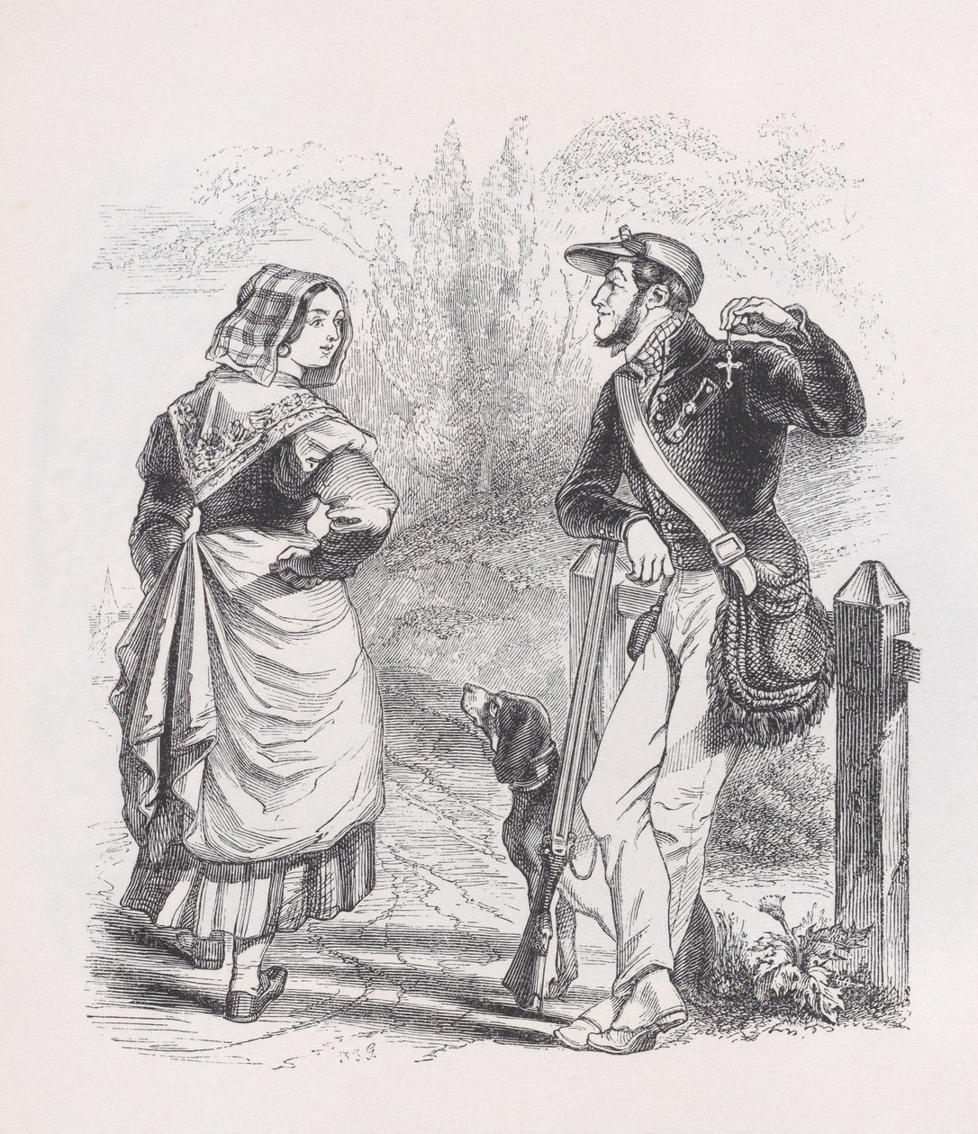 The Hunter and the Milkmaid z The Complete Works of Béranger, 1836. od Jean Ignace Isidore Gérard