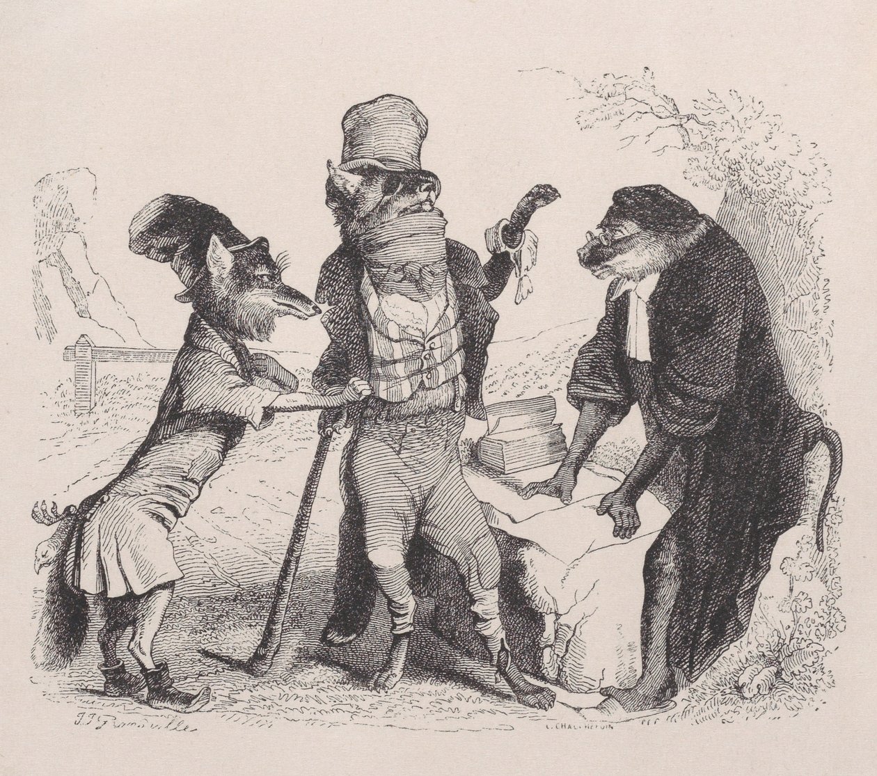 Vlk prosící proti Lišce, před Opicí, ca. 1838. od Jean Ignace Isidore Gérard