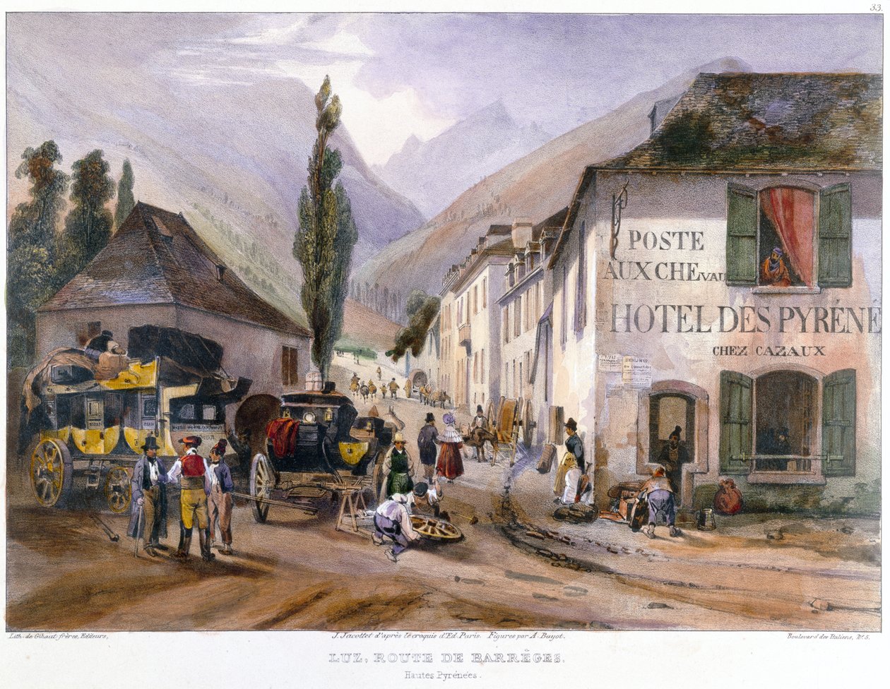 Příjezd a oprava dostavníku v Luz na cestě do Barreges, kolem roku 1840 od Jean Jacottet