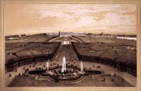 Celkový pohled na park a palác ve Versailles, publikoval Auguste Bry (litho) od Jean Jacottet