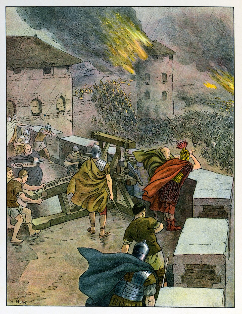 Dětem vypráví příběh Alsaska; Konec římské nadvlády, Římané brání města před franskými útočníky; od Jean Jacques (1873 1951) Waltz