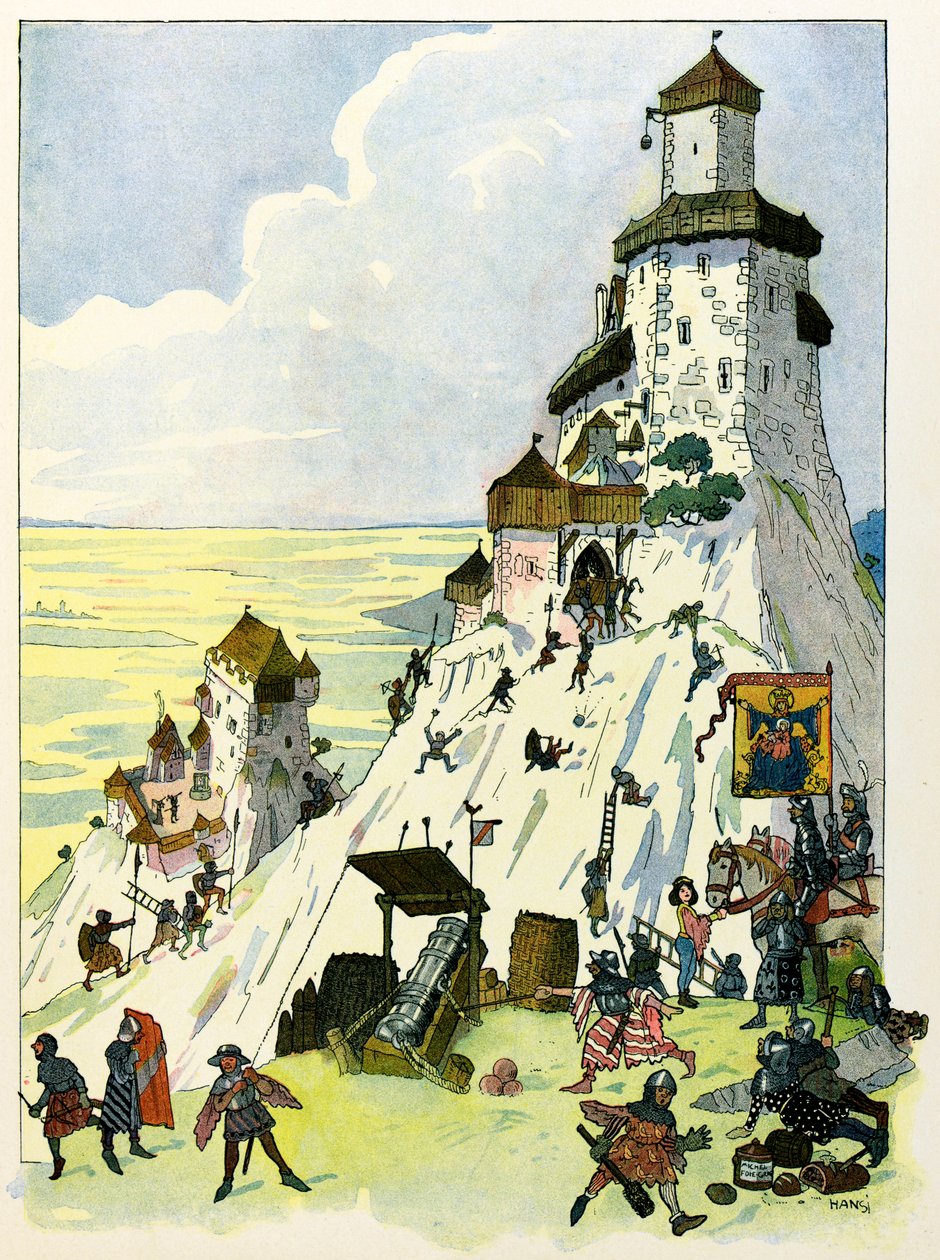 Dětem vypráví příběh Alsaska od strýčka Hansiho od Jeana Jacquese Waltz dit Hansi (1873-1951), soukromá sbírka: Siege du chateau D