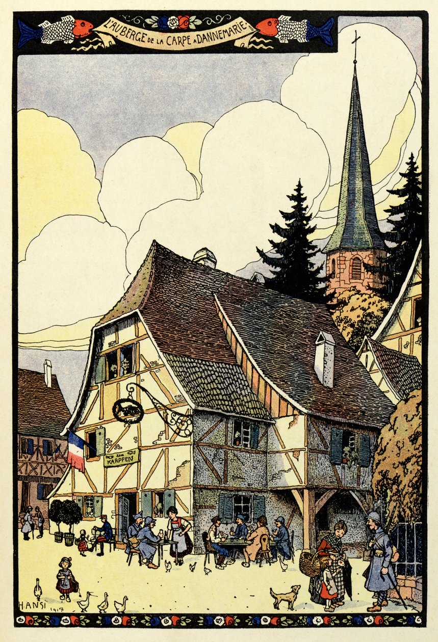 Ráj trikolóry; Auberge de la carp v Dannemarie 1917 od Jean Jacques (1873 1951) Waltz