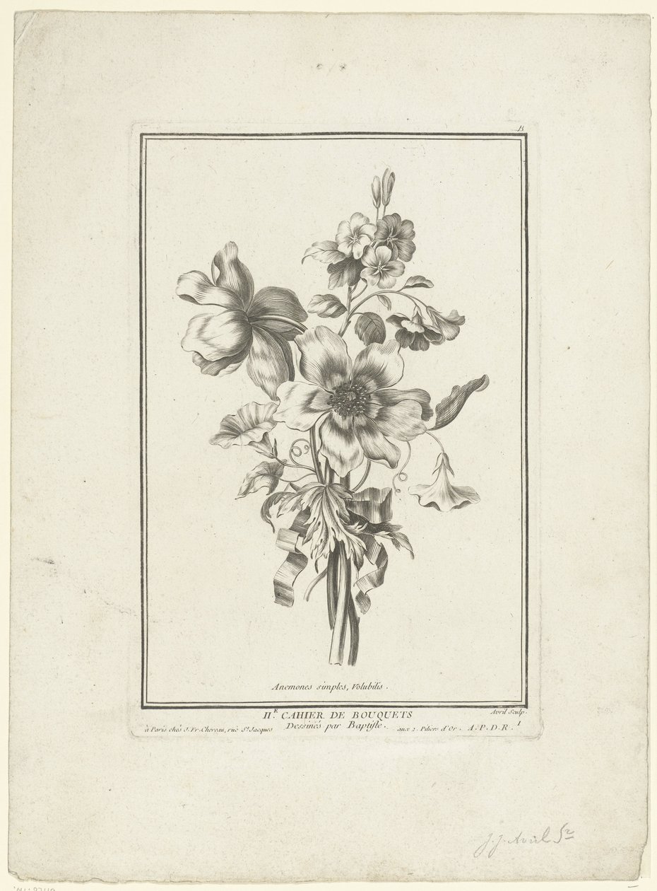 Kytice sasanky a svlačec Anemones simples, Volubilis (název na objektu) IIe Cahier de Bouquets (název série) od Jean Jacques Avril (I)